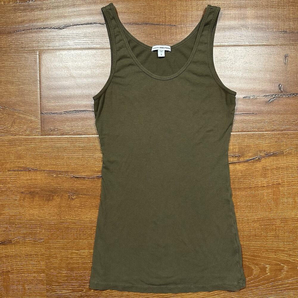 James Perse Muscle Tank Top Womens 2 M Olive Green Ribbed Long Slim Stretch USA